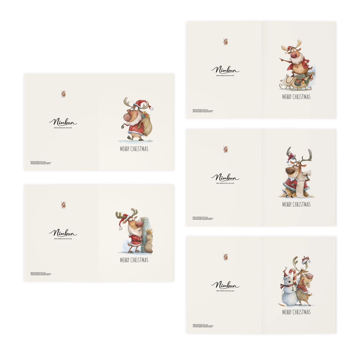 Funny Reindeer Christmas Card Bundle of 5 – Cute Merry Christmas Greeting Card Set, Whimsical Holiday Cards - Small Size