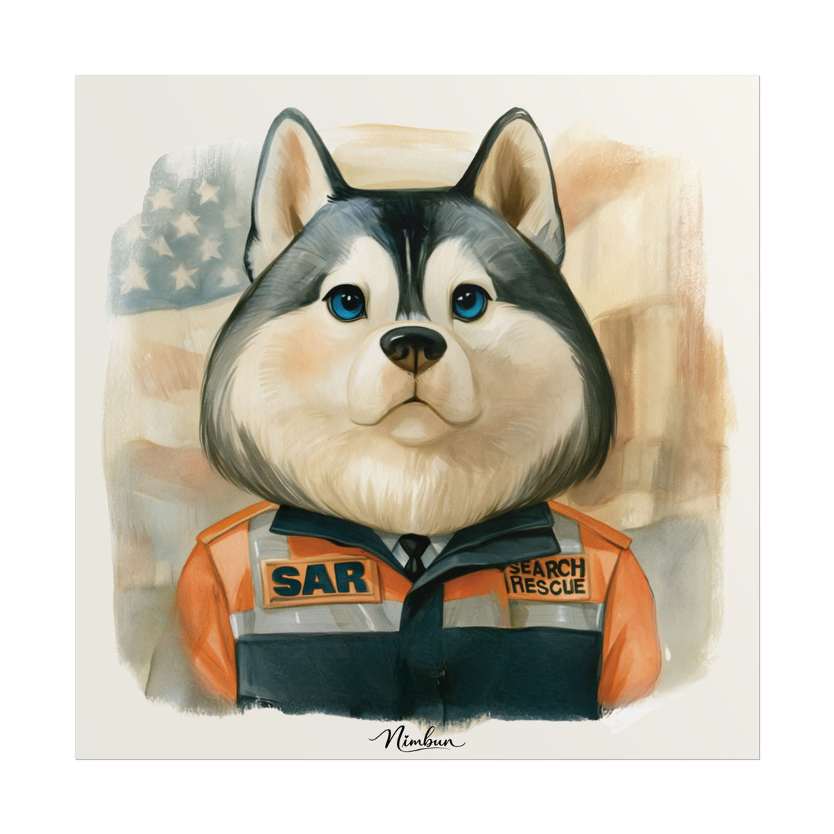 Search and Rescue Husky Wall Art Print – SAR Dog Portrait Poster, Rescue K9 Animal Profession Decor - Nimbun Art - Frame not included
