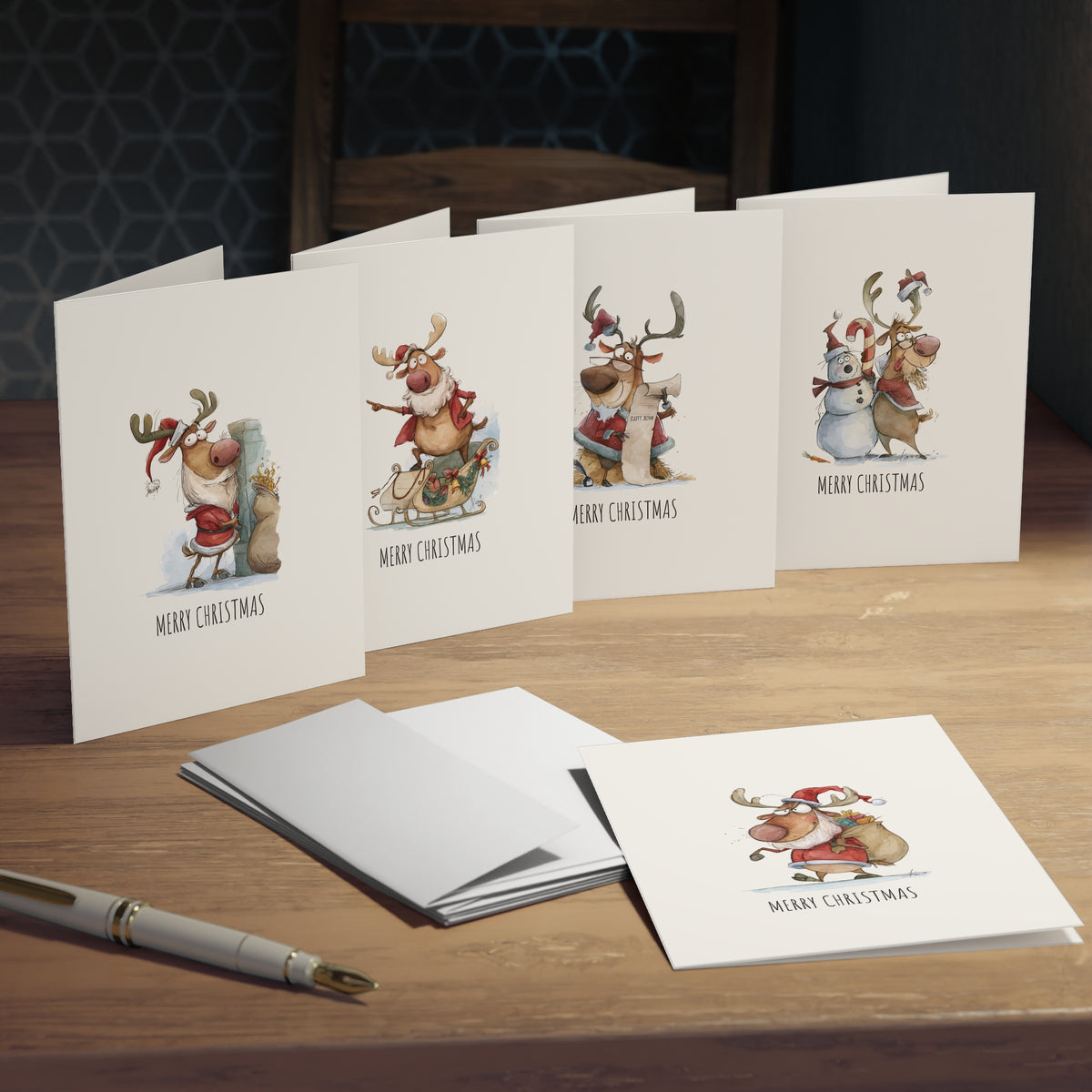 Funny Reindeer Christmas Card Bundle of 5 – Cute Merry Christmas Greeting Card Set, Whimsical Holiday Cards - Small Size