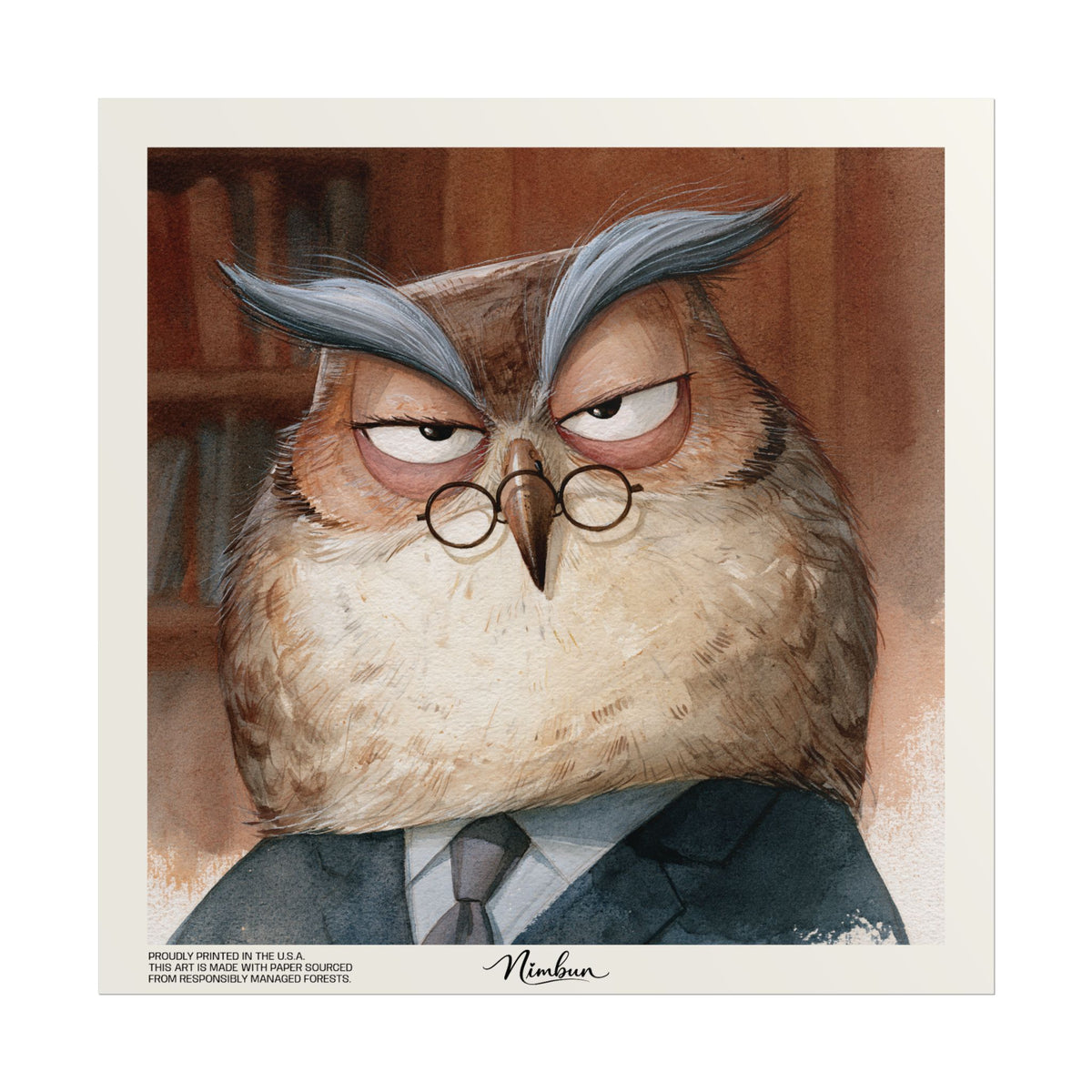 Professor Owl Wall Art Print – Wise Owl Portrait Poster, Scholarly Animal Character Decor - Nimbun Art - Frame not included