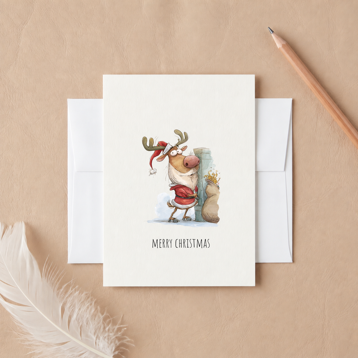 Funny Reindeer Christmas Card – Cute Santa Reindeer Holiday Greeting Card, Humorous Merry Christmas Card