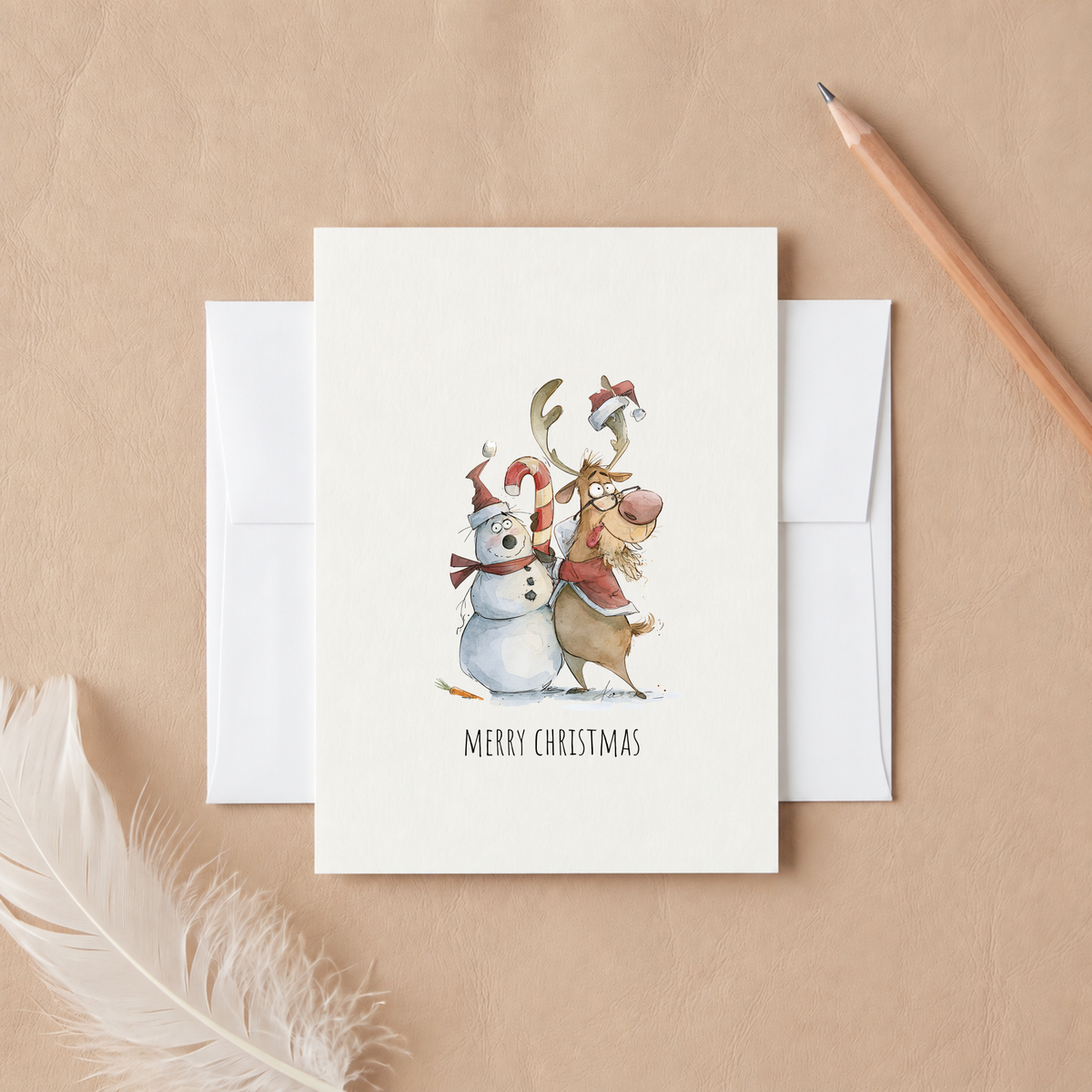 Funny Reindeer and Snowman Christmas Card – Cute Merry Christmas Holiday Greeting Card