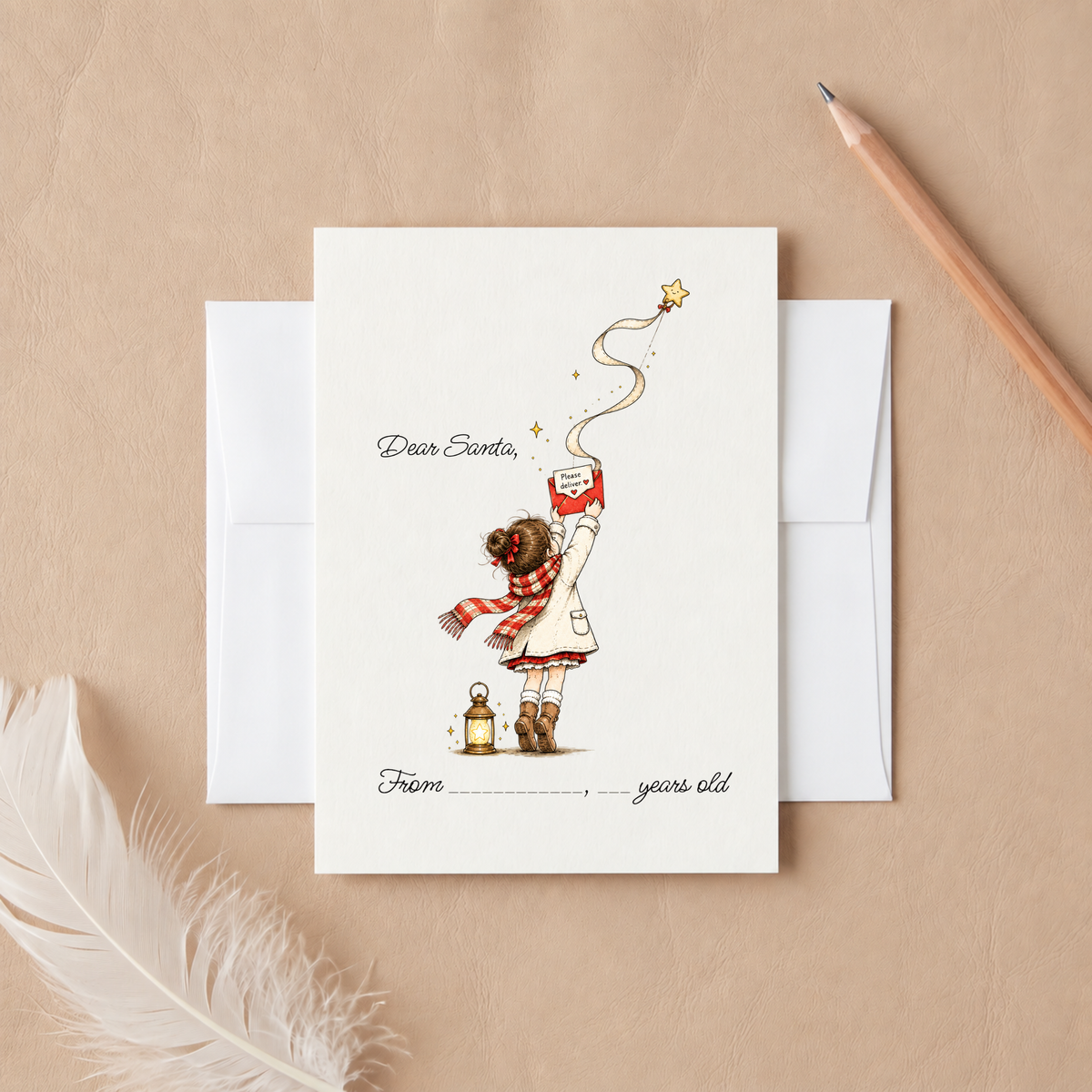 Dear Santa Card – Letter to Santa Christmas Card for Girls, Christmas Wish List Card for Kids, Holiday Activity Greeting Card