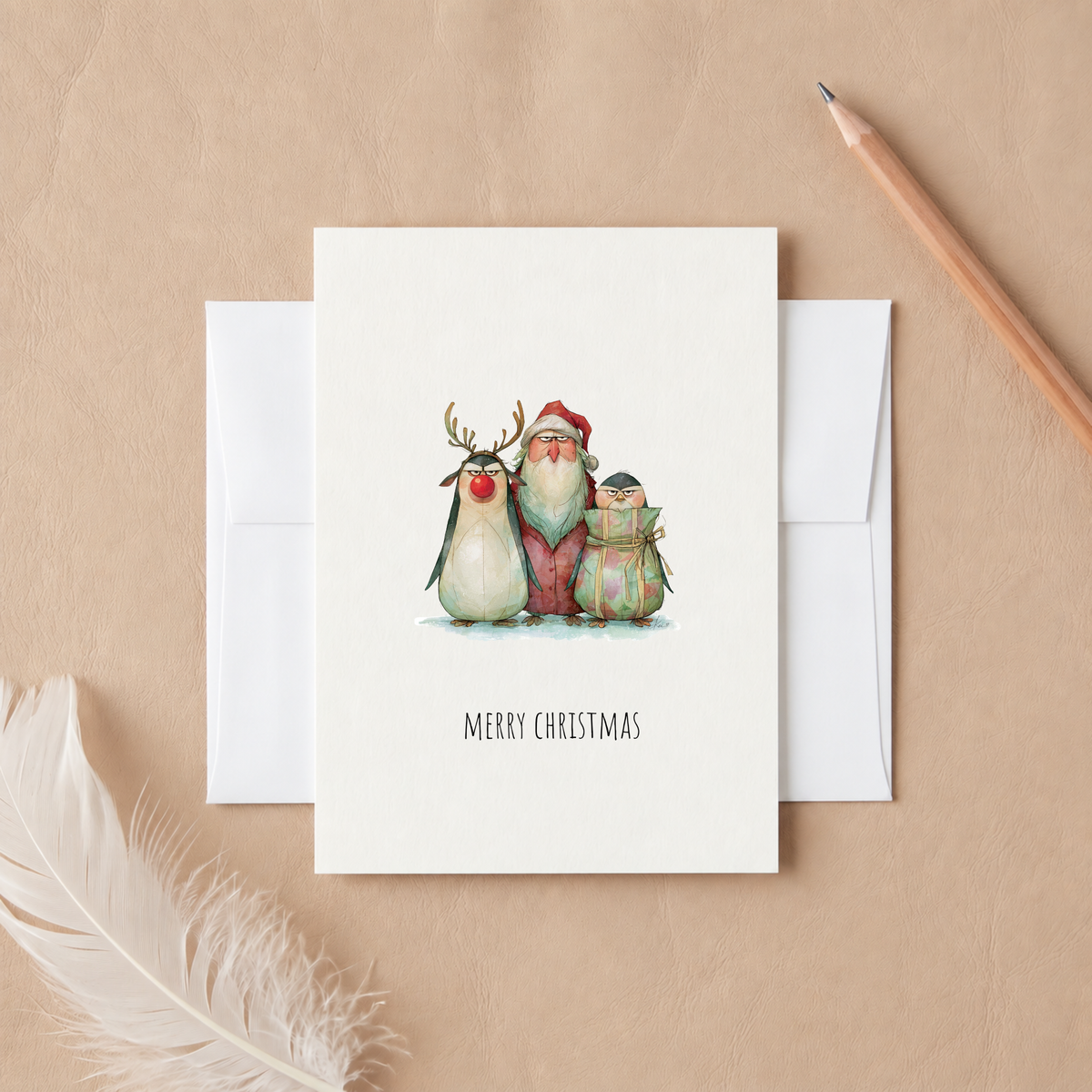 Funny Penguin Christmas Card – Cute Santa and Reindeer Penguin Holiday Greeting Card