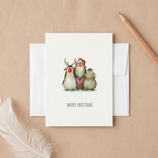 Funny Penguin Christmas Card – Santa & Reindeer Holiday Greeting