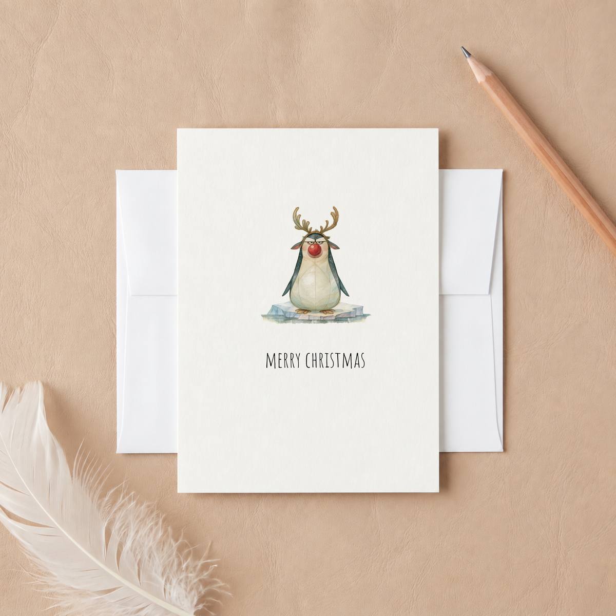 Cute Reindeer Penguin Christmas Card – Funny Merry Christmas Holiday Greeting Card