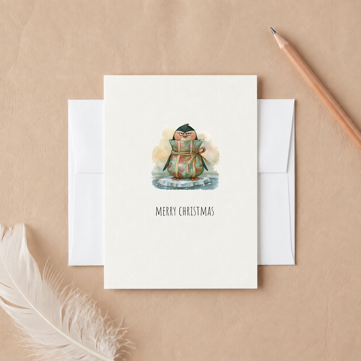 Cute Penguin Christmas Card with Gift – Funny Merry Christmas Holiday Greeting Card