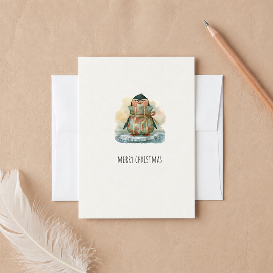 Penguin with Gift Christmas Card – Cute Funny Holiday Greeting Card