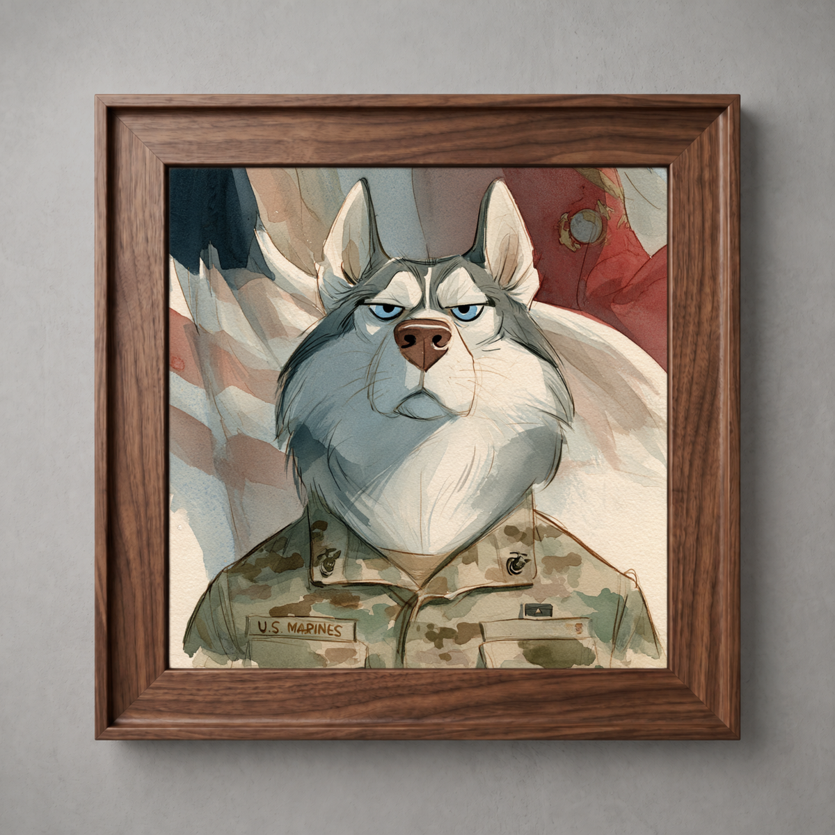 Marine Husky Wall Art – Funny Military Dog Portrait Print, Patriotic Husky Wall Decor - Nimbun Art - Frame not included