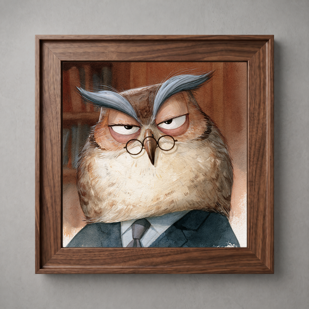 Professor Owl Wall Art Print – Wise Owl Portrait Poster, Scholarly Animal Character Decor - Nimbun Art - Frame not included