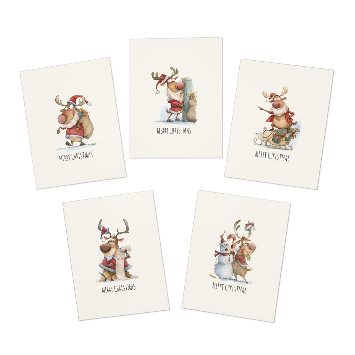 Funny Reindeer Christmas Card Bundle of 5 – Cute Merry Christmas Greeting Card Set, Whimsical Holiday Cards - Small Size