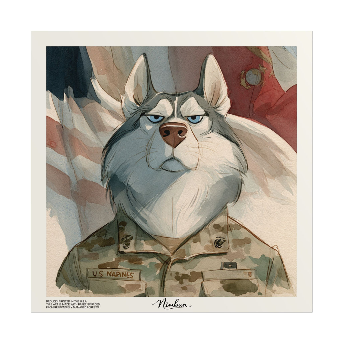 Marine Husky Wall Art – Funny Military Dog Portrait Print, Patriotic Husky Wall Decor - Nimbun Art - Frame not included